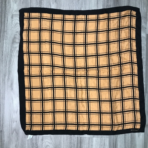 Vtg ECHO Silk Scarf Yellow Black Check Square - Picture 1 of 7